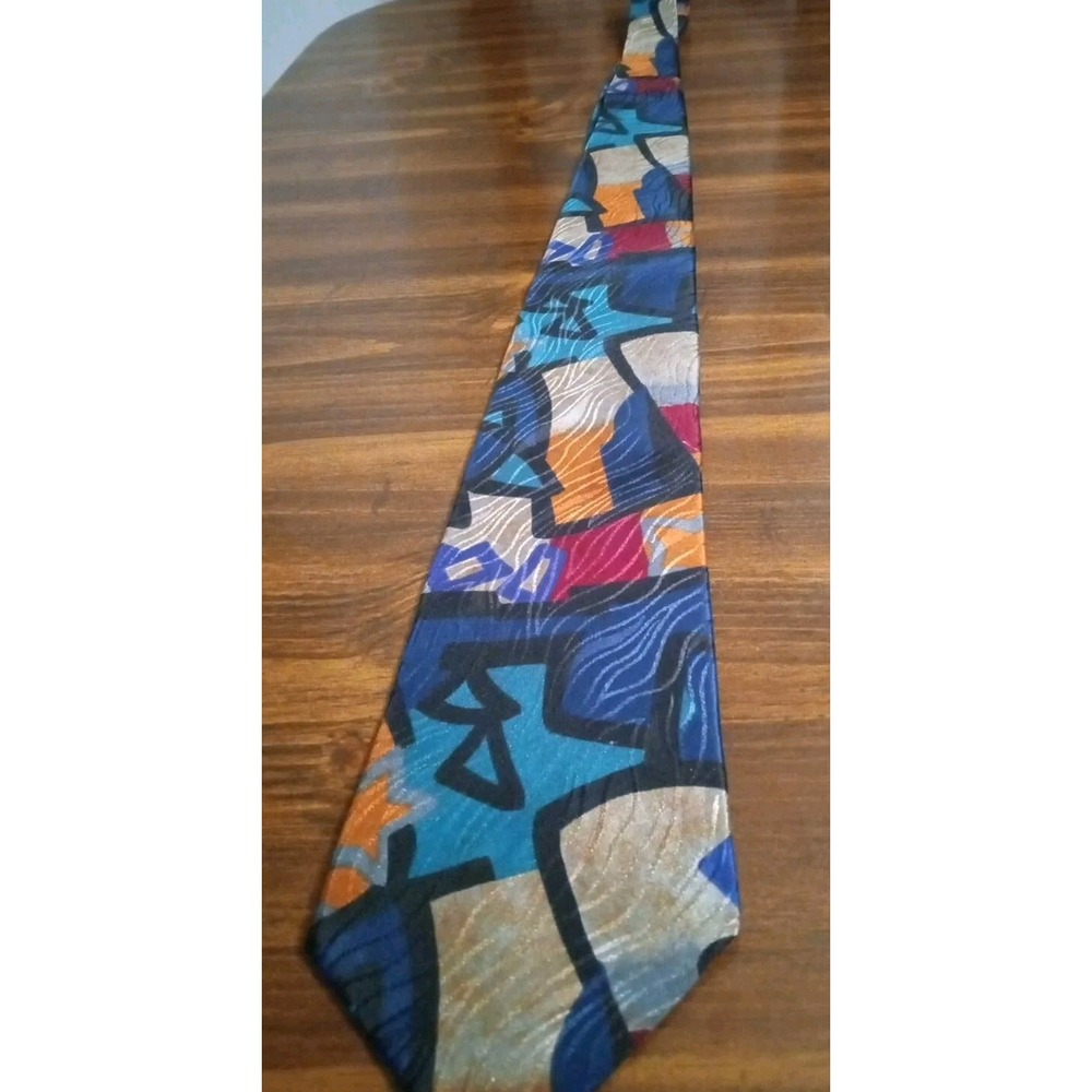 John Weitz Mens Abstract Geometric Necktie Blue‎ Orange Red Silver Made in USA